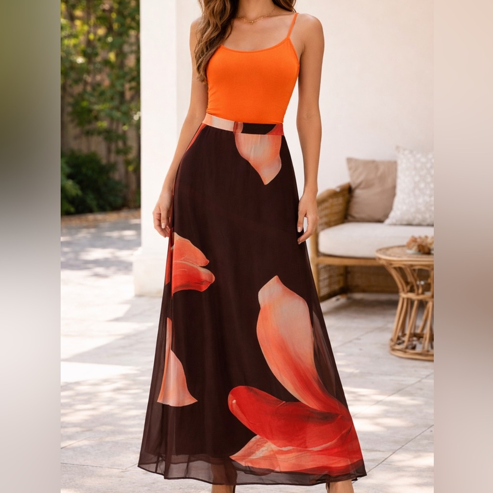 Fashion Nova Orange and Brown Floral mesh Maxi Skirt. Size XL